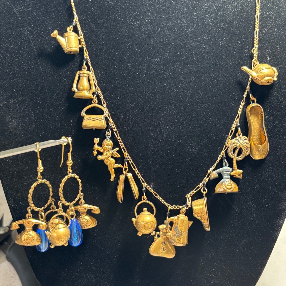 VTG Pididdly Links Brass Charm Necklace and Earring Set Teapot Phone Cupid Blue